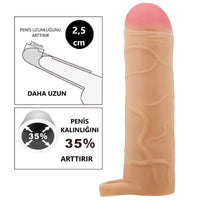 Extended Series Premium Dokulu 2,5 CM Dolgulu Testis Halkalı Ten Rengi Silikon Penis Kılıfı Bunion