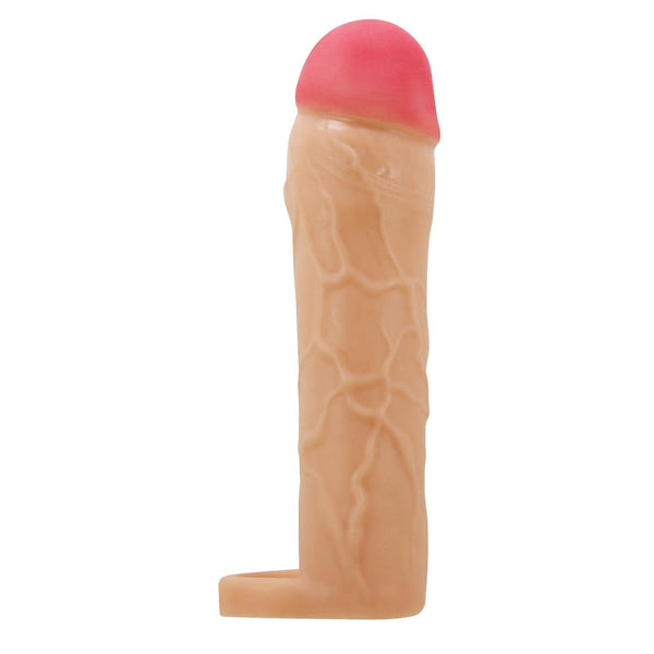 Extended Series Premium Dokulu 5 CM Dolgulu Testis Halkalı Ten Rengi Silikon Penis Kılıfı Hani