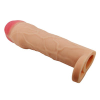 Extended Series Premium Dokulu 5 CM Dolgulu Testis Halkalı Ten Rengi Silikon Penis Kılıfı Hani