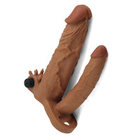 Pleasure X Tender 5 CM Uzatmalı Çiftli İçi Boş Titreşimli 19 CM Çatal Dildo Melez Penis Kılıfı