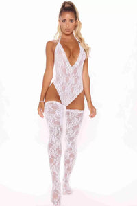 Beyaz Dantel Çoraplı Fantezi iç giyim Bodysuit