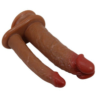Çift Taraflı Ten Hassasiyetinde Et Dokulu Vantuzlu Realistik Çatal Penis Dildo Melez