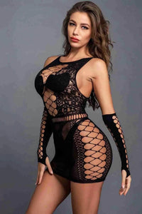 Fantazi Eldivenli Mini Elbise Gecelik Vücut Çorabı
