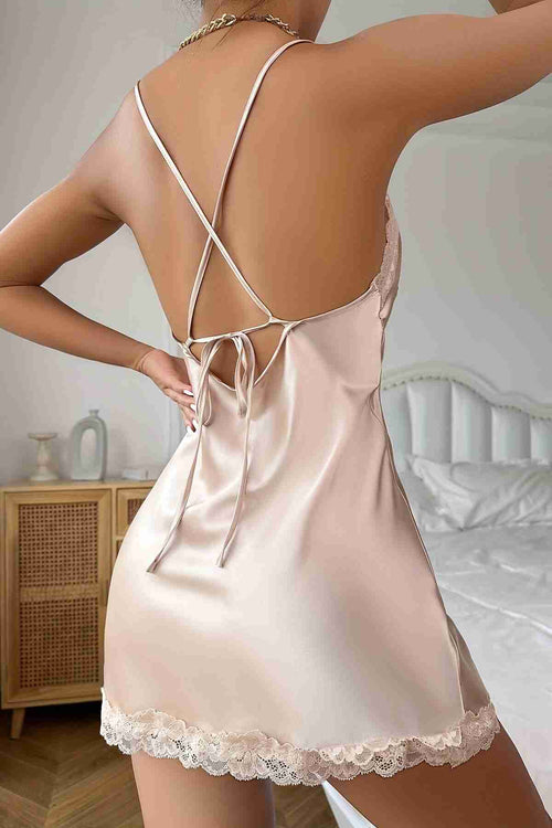 Aşk Lingerie Fantazi Dantel Büzgü Detaylı Yırtmaçlı Saten Gecelik Bej