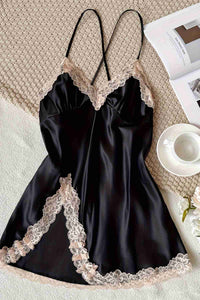 Aşk Lingerie Fantazi Dantel Büzgü Detaylı Yırtmaçlı Saten Gecelik Siyah