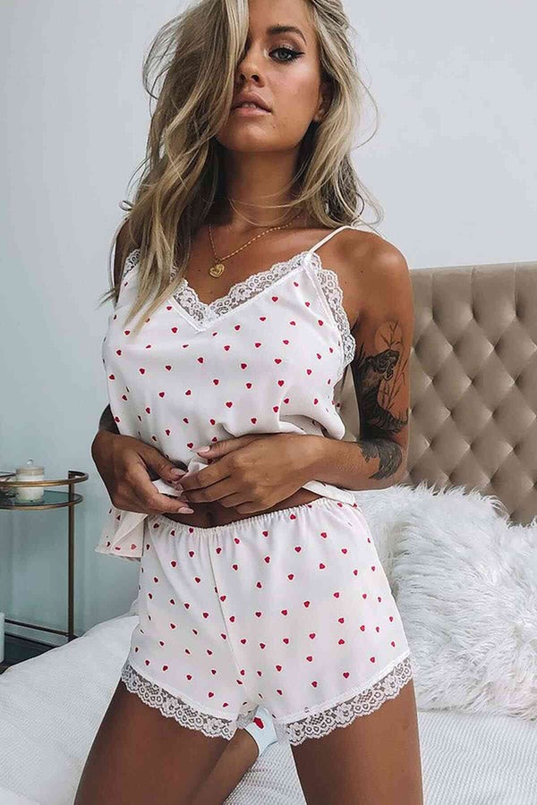 Aşk Fantazi Dantel İşlemeli Kalpli Şortlu Pijama Takım Beyaz