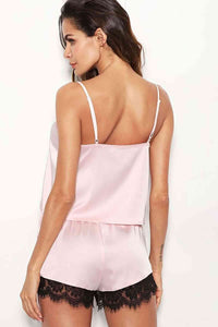Aşk Fantazi Dantel İşlemeli saten Şortlu Pijama Takım Pembe