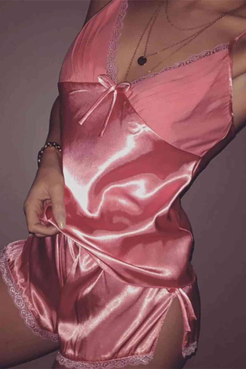 Aşk Fantazi Dantel İşlemeli Saten Sortlu Pijama Takım Pembe