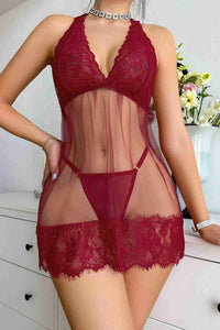 Aşk Lingerie Fantezi Dantelli Transparan Tangalı Gecelik Takım Kırmızı