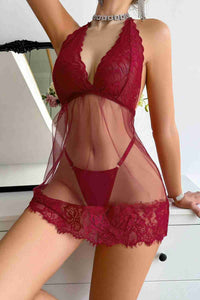 Aşk Lingerie Fantezi Dantelli Transparan Tangalı Gecelik Takım Kırmızı