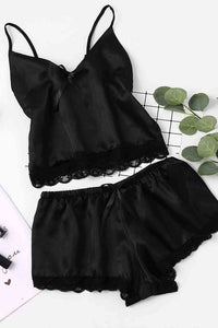 Fantazi Özel Saten Dantel Tasarımlı Şortlu Pijama Takım Siyah