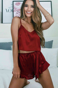 Fantazi Saten Şortlu Pijama Takım Bordo