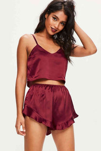 Fantazi Saten Şortlu Pijama Takım Bordo