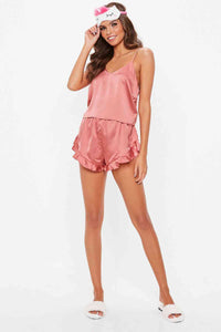Fantazi Saten Şortlu Pijama Takım Pembe
