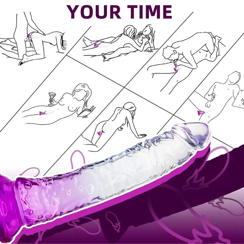 Realistik Jel Dokulu Testissiz Ultra Yumuşak Şeffaf Mor Yapay Penis Dildo