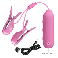 Romantik Dalga USB Şarjlı Titreşim & Elektro Şok Mandallı Göğüs Uyarıcı Takı